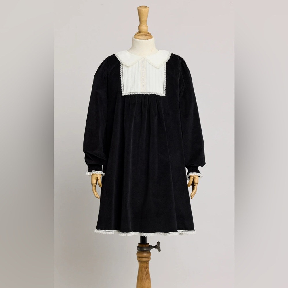 Strawberries & Cream pleated Black Dress in Baby Corduroy & Lace 10. NWT! $300!